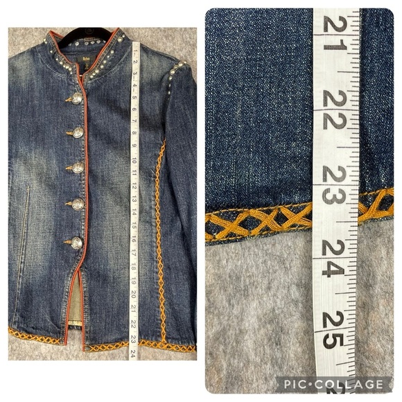 Reba Denim Studded Embroidered Silver Button Western Rodeo Jean Jacket - Sz L - Picture 14 of 16